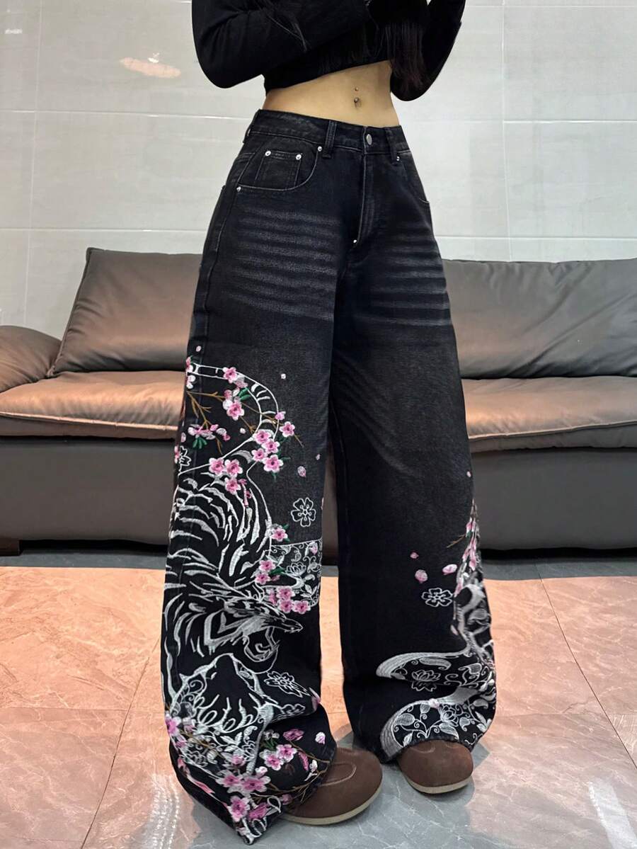 1 pieza Jeans anchos de mezclilla con bordado desgastado y ajuste holgado de estilo casual para mujer, pantalones versátiles de estilo callejero estadounidense para todas las estaciones (cinturón/accesorios no incluidos) Negro - Negro - Ver 1