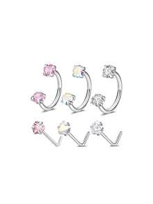 2/6 Peças Argolas de Nariz em Forma de Ferradura com Piercing de Nariz em Formato de L, Anel de Nariz de Aço Inoxidável 18G com Zircônia Cúbica Arco-Íris, Piercing de Lábio, Sobrancelha, Hélice e Orelha para Mulheres e Homens - Multicolorido - Visão 8