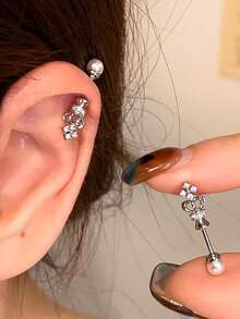 1pc Ear Cuff Earring With Heart & Planet Faux Pearl Zirconia Stone Design, Unique & Delicate Earring - Antique Silver - View 2