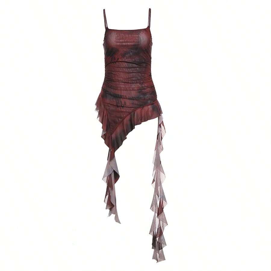 Nibber 2024 verano hermanas fiesta gradiente Retro volantes dulce suave Sexy caliente fresco mujeres fino Mini borla Sling vestido - Rojo - Ver 1