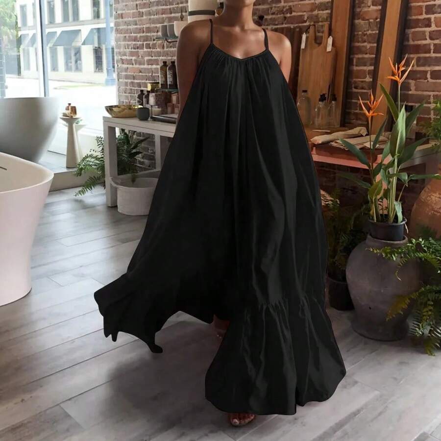 Vestido de primavera para mujer, vestido Sexy de tirantes lisos con bolsillo, suelto, sin espalda, vestidos grandes con vuelo, vestidos de vacaciones para mujer, invitados de boda - Negro - Ver 1