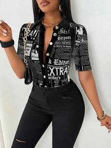 Blusas elegantes para mujer, moda de verano, estampado de periódico, camisa de manga corta con una hilera de botones, Tops informales con cuello en V - ST25014 Caqui - Ver 2