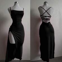 Vestido largo sexi con espalda descubierta y cordones para mujer, vestidos de noche ajustados sin mangas con abertura para fiesta y discoteca, batas con tirantes para mujer de calle alta - Negro - Ver 4
