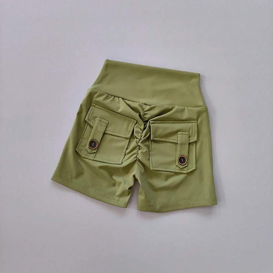 Pantalones cortos de cintura alta sin costuras para mujer, Pantalón deportivo ajustado con bolsillos para correr, entrenamiento, baile, levantamiento de cadera - Verde - Ver 1