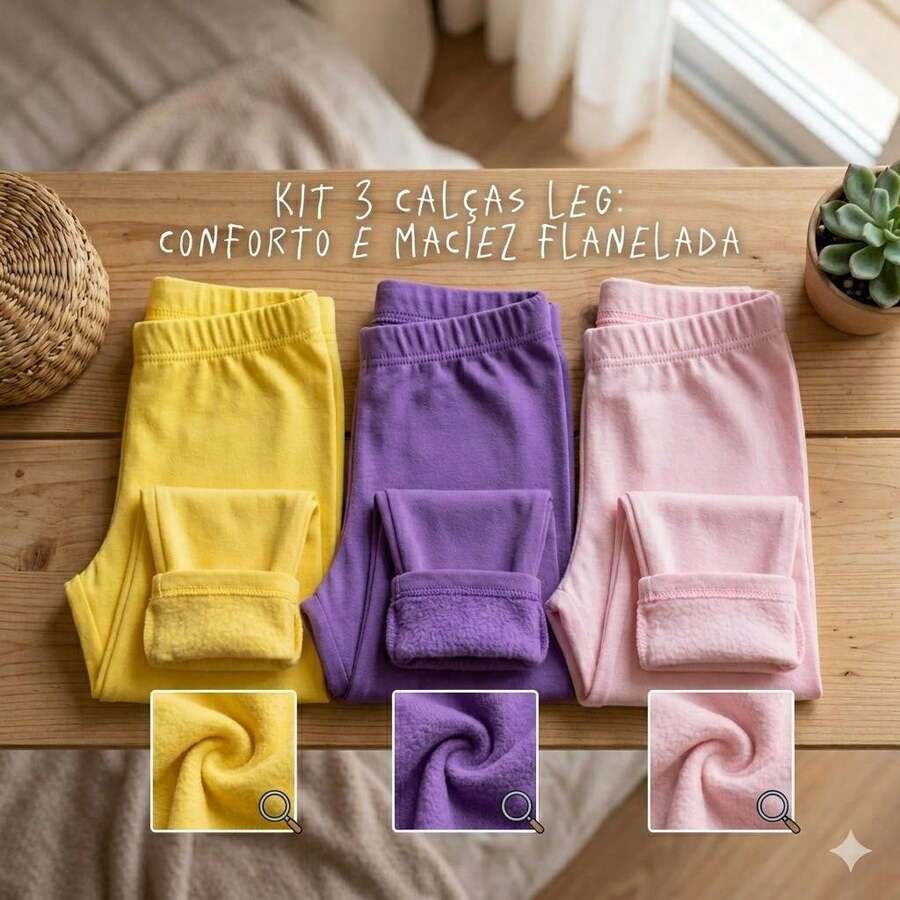 Kit 3 Calça Algodão Leggings Flanelada Infantil Cores Sortidas Para Meninas 4 a 12 Anos - Multicolorido - Visão 1