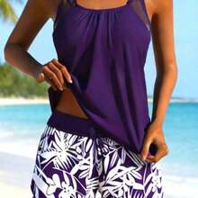 Women Two-Piece Swimsuit Set, Summer Beach Festival Vacation Travel Elegant Solid Bikini Swimwear Casual Beachwear Summer Outfits For Woman Tankinis - 深紫色 - 查看 5