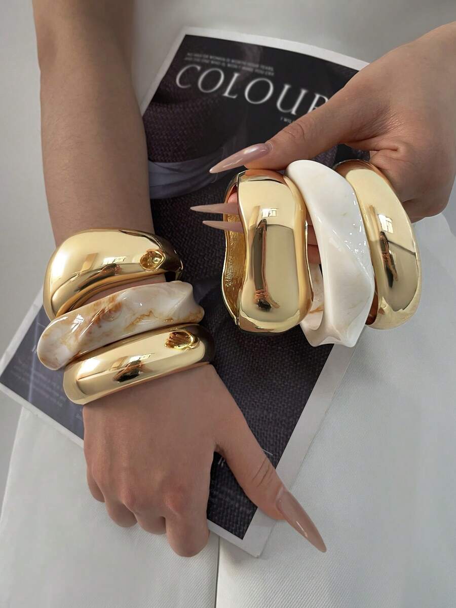 3pcs Set Unique Bracelets, Resin Bracelets, Gold Color Bracelets, White Bracelets, Wide Bracelets, Thick Bracelets, Gold & White Bracelet Set, Bracelet Set, Wide Bracelets, Luxury Elegant Style For Women - Multicolor - View 1