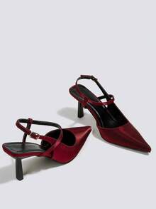 Escarpins à talons hauts bordeaux pour femmes, chaussures de soirée à bride arrière ouverte, chaussures de mariage, chaussures formelles Mary Jane, sandales à talons aiguilles pointus avec boucle et sans lacets - Rouge foncé - Voir 4