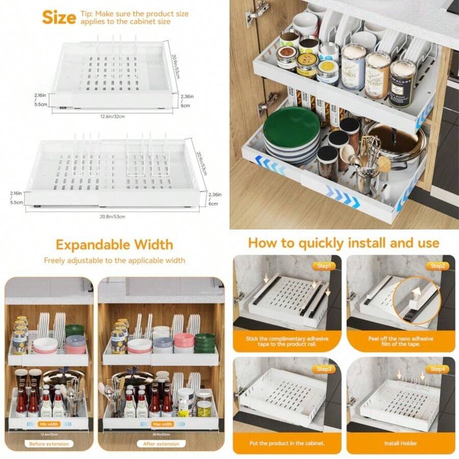iHomara - Paquete de 2 adhesivos expandibles para gabinetes de cocina, cajones deslizantes de 21 pulgadas de profundidad para gabinetes de cocina, con 8 estantes divisores para organización de - Blanco - Ver 1