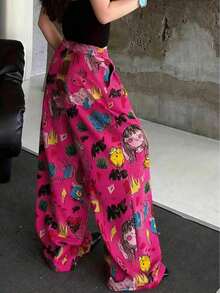 anchos de mujer con estampado de dibujos animados, pantalones casuales sueltos de primavera - Rosa Fucsia - Ver 3