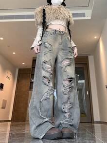 Quần jeans nữ dáng rộng, thoải mái, rách rưới, ống rộng. - Màu sắc cổ điển - Xem 6