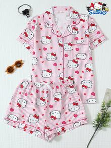 SANRIO 三丽鸥女士睡衣套装，Hello Kitty条纹爱心印花短袖口袋上衣和蝴蝶结短裤休闲家居服 - 粉色 - 查看 1