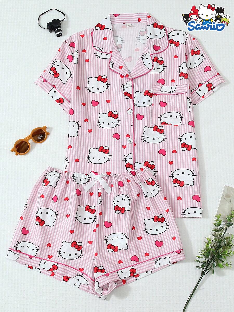 SANRIO 三丽鸥女士睡衣套装,Hello Kitty条纹爱心印花短袖口袋上衣和蝴蝶结短裤休闲家居服 - 粉色 - 查看 1
