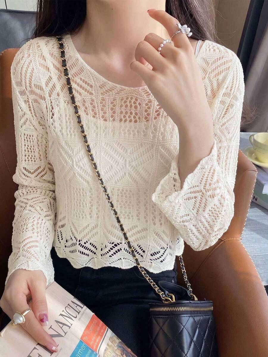 新款杏色钩针编织女式长袖喇叭袖网眼衬衫,通勤和约会穿搭的理想之选,春夏款 - 杏色 - 查看 1
