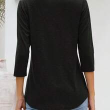 5pcs Set 2025 European And American Fashion Women's 3/4 Sleeve V-Neck Loose Fit Casual Solid Color Basic T-Shirt Blouse - 混合顏色 - 查看 8