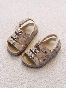1 Pair Girls' Ditsy Floral Rhinestone Butterfly Ankle Strap Sandals, Soft Sole Non-Slip Toddler Summer Beach Shoes, Versatile For Babies And Little Kids - Brown - View 1