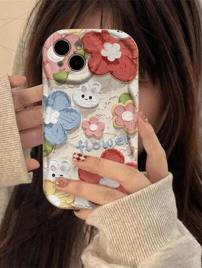 1 chiếc ốp lưng điện thoại họa tiết hoa và thỏ cho iPhone 15 Pro Max, ốp lưng sáng tạo cho iPhone 14/13/12/16