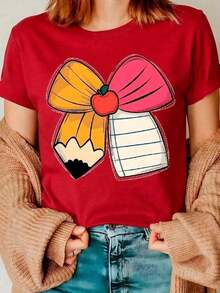 Women con Estampado Colorido y Corazón en Forma Lazo - Cuello Redondo, Ajuste Holguroso Top Gráfico Atuendo Cute Maestra Diario Confortable Lavadora Todo Temporada Edición Especial Regalo Camisa Deportiva Blusa Longas Versatil Pieza Capa, Básico Armario Sasonal Tejida Suave Material Transpirable Modela Impresa Femenina Mujer camiseta casual con estampado divertido, ajuste regular, cuello redondo, manga corta, primavera-verano, ideal para uso diario, categoría de moda. (unisex, pequeño y fresco, sencillo, para adolescentes) - Rojo - Ver 8