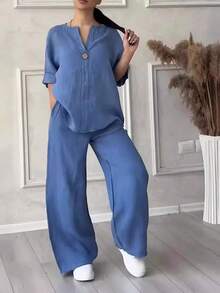 Conjuntos de lino y algodón, dos piezas,  informal, manga larga, blusa holgada con botones, camisa y pantalones sueltos de pierna ancha de alta elasticidad, trajes 3021 - azul claro - Ver 2