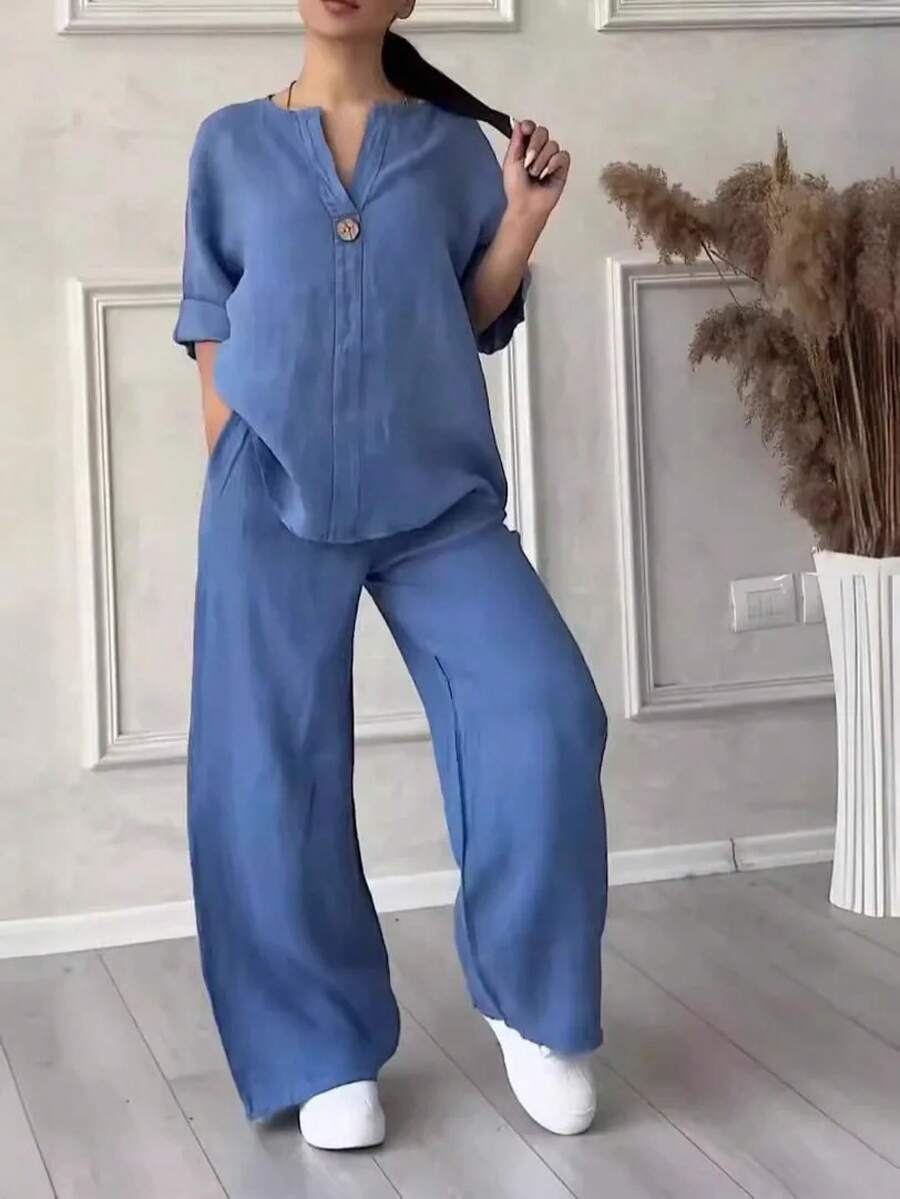 Conjuntos de lino y algodón, dos piezas, informal, manga larga, blusa holgada con botones, camisa y pantalones sueltos de pierna ancha de alta elasticidad, trajes 3021 - Azul vaca - Ver 1