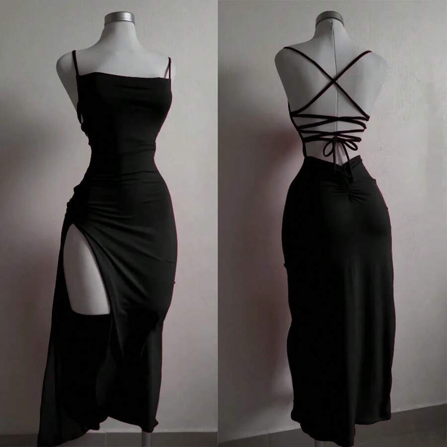 Vestido largo sexi con espalda descubierta y cordones para mujer, vestidos de noche ajustados sin mangas con abertura para fiesta y discoteca, batas con tirantes para mujer de calle alta - Negro - Ver 1