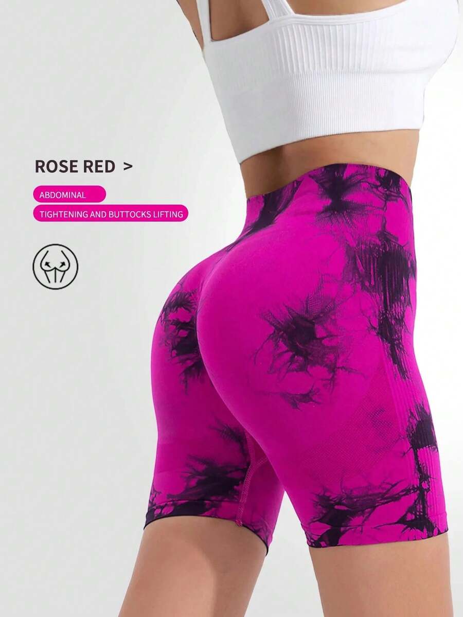 CZGUKE Pantalones deportivos de alta elasticidad para mujer, pantalones cortos ajustados para ciclismo, ejercicio, yoga, pantalones cortos transpirables de cintura alta, conjunto de 3 piezas - Rosa Roja - Ver 1