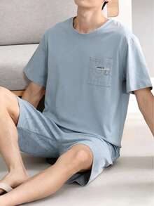 AICJ 2pcs Men's Solid Color Casual Loose Minimalist Pocket Round Neck Short Sleeve Plaid Shorts Pajama Set, Suitable For Spring & Summer - Baby Blue - View 5