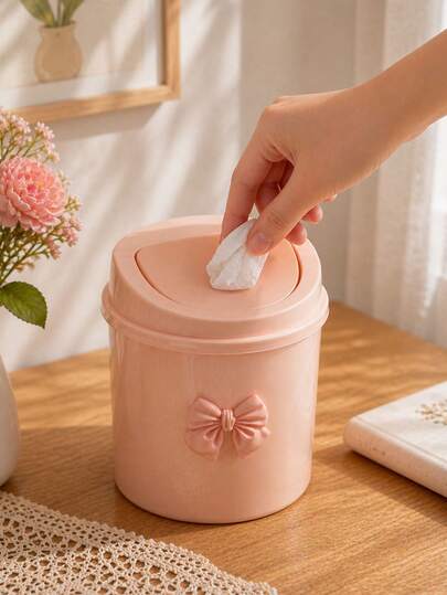 1pc Mini Desktop Trash Can With Lid And Bow Decoration, Plastic Rotating Top Waste Basket, Non-Electric Cylindrical Trash Can Suitable For Home, Office, Kitchen, Bedroom Dresser