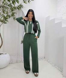 Conjunto feminino calça pantalona e jaqueta com ziper Praia Escritorio Ferias    Outono e Inverno - Verde Escuro - Visão 2