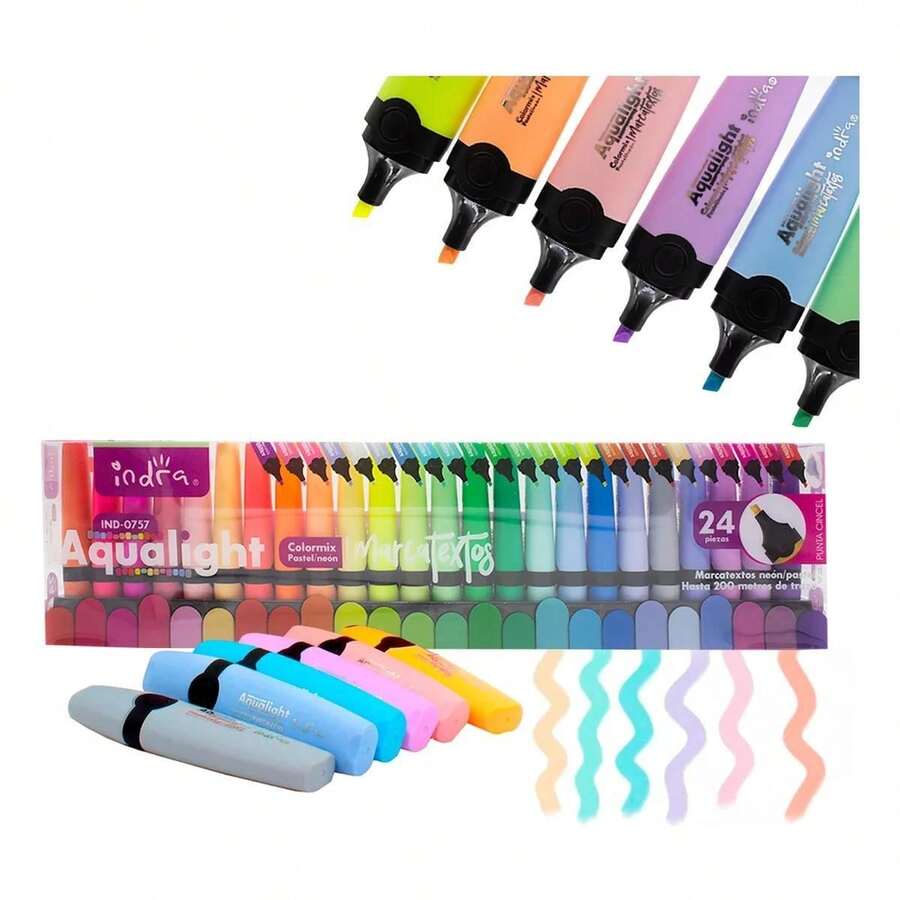 Set De Marcatextos Indra Aqualight Punta Cincel 24 Pzs - Multicolor - Ver 1