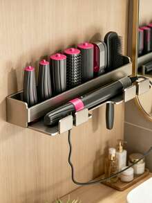 1pc Drill-Free Hair Curler Holder Bathroom Hair Dryer Storage Rack Stainless Steel Dual-Use Drill-Free Storage Rack - Multicolor - View 1