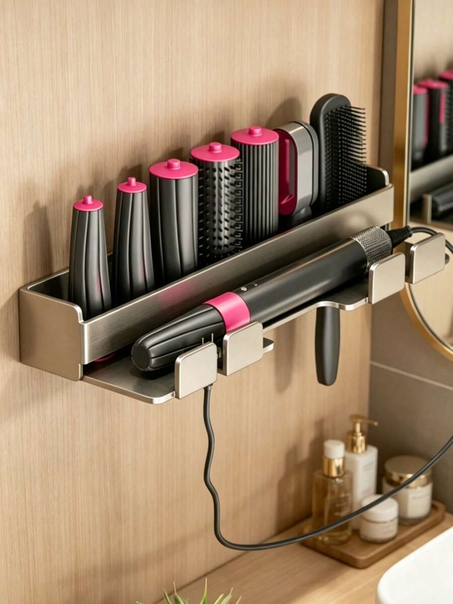 1pc Drill-Free Hair Curler Holder Bathroom Hair Dryer Storage Rack Stainless Steel Dual-Use Drill-Free Storage Rack - Multicolor - View 1
