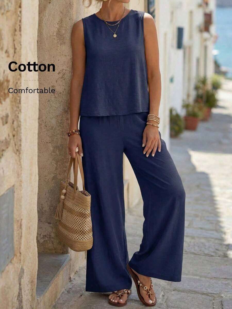 Conjunto informal de dos piezas de color liso para mujer - Azul marino - Ver 1