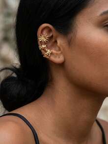 3pcs Bohemian Style Gold Starfish & Sun Clip-On Earrings, Fake Ear Cuff Earrings, Summer Beach Jewelry For Women - Yellow Gold - View 2