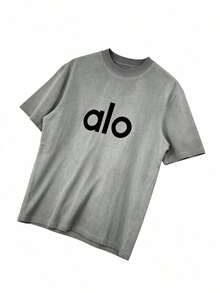 Alo Yoga American Retro Distressed Washed Short-Sleeve Loose T-Shirt, Casual And Slimming Unisex Top - Grey - View 3