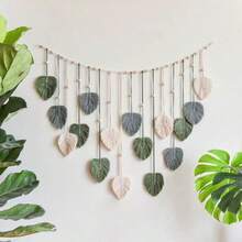 1pc Bohemian Handmade Woven Leaf Tapestry, Room Decor Hanging Wall Art With Tassels, Photo Display For Bedroom - Green - View 12