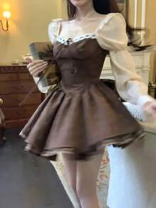 Vestido de princesa estilo coreano dulce de cintura alta con mangas abullonadas y cuello cuadrado para mujer, falda de moda d... - Vestido [Listo para envío] - Ver 2