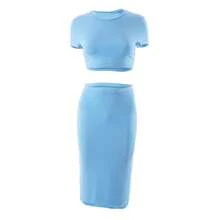 Conjuntos de vestidos para mujer, Tops cortos de manga corta y falda a media pantorrilla, conjunto de 2 uds, trajes ajustados de oficina para mujer, ropa de verano QX2413 - Azul cielo - Ver 6