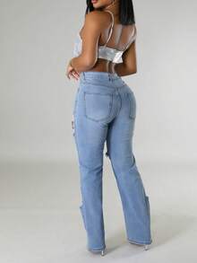 Women's Sexy Tight Elastic Tear Pearl Decoration Jeans Blue Pants-Y2K Streetwear Pants For Party Nightclub & Festival,Going Out,Concert,4th Of July. - 藍色 - 查看 2