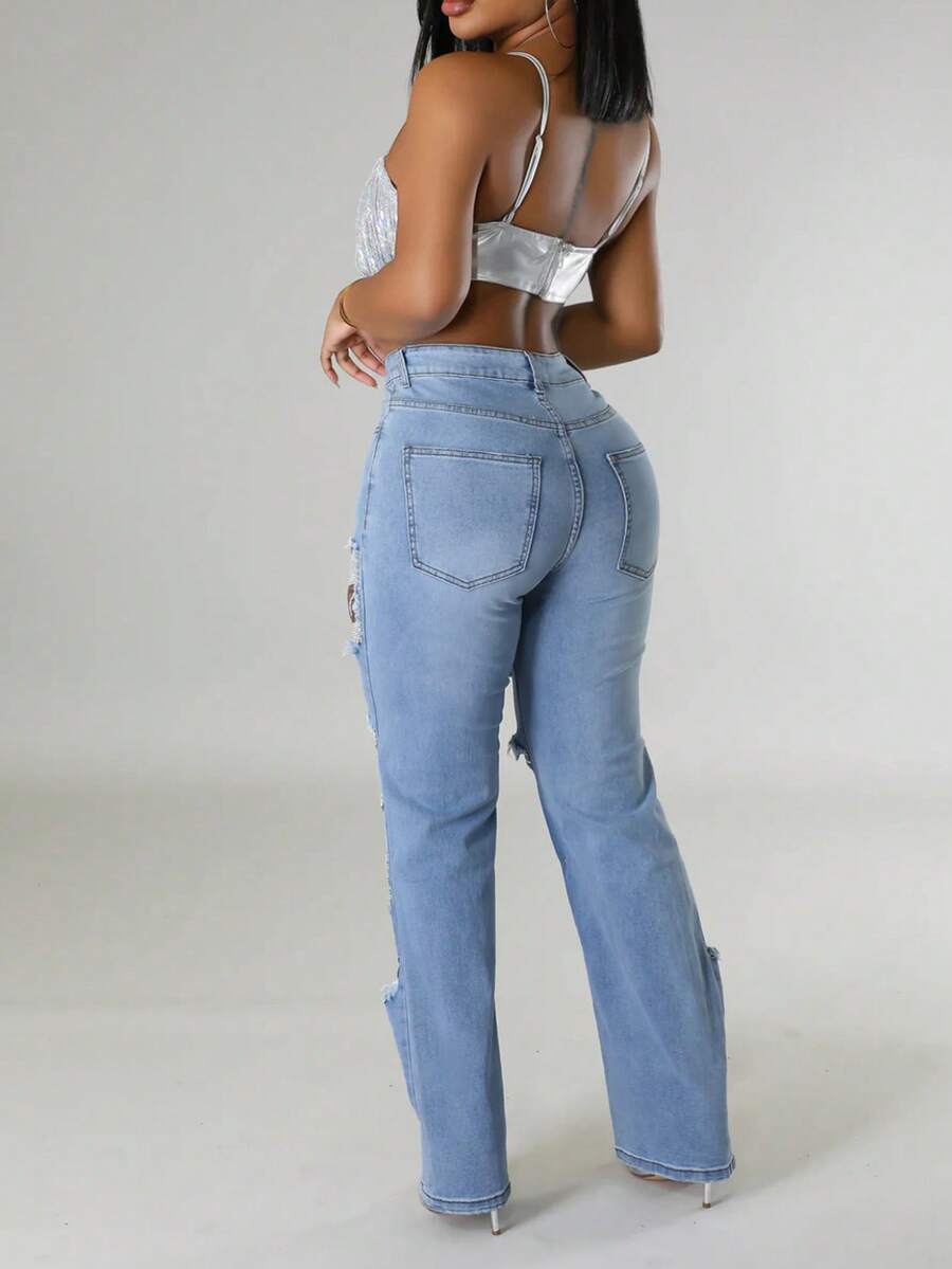 Women's Sexy Tight Elastic Tear Pearl Decoration Jeans Blue Pants-Y2K Streetwear Pants For Party Nightclub & Festival,Going Out,Concert,Back To School - 藍色 - 查看 1