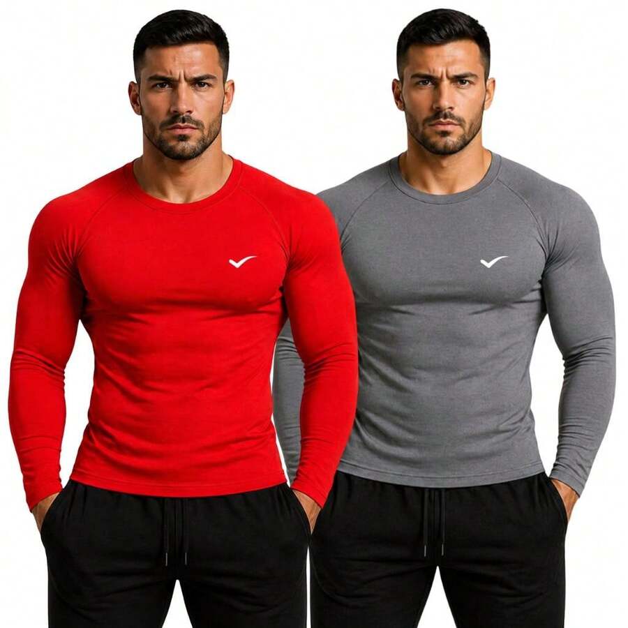 Kit Of 2 Thermal UV 50+ Base Layer Shirts/T-Shirts/Cool Mesh Shirts For Gym And Sports - 紅色和灰色 - 查看 1