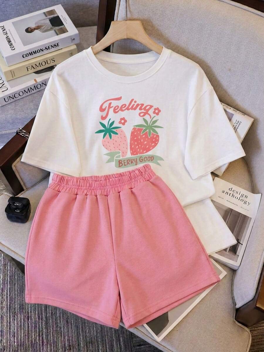 Conjunto set 2 piezas dama Camisa con estampado fresas & Short con cintura elastica French Terry ultra comodo liguero fresco ideal estilo casual vacaciones diario dulce - Rosa - Ver 1