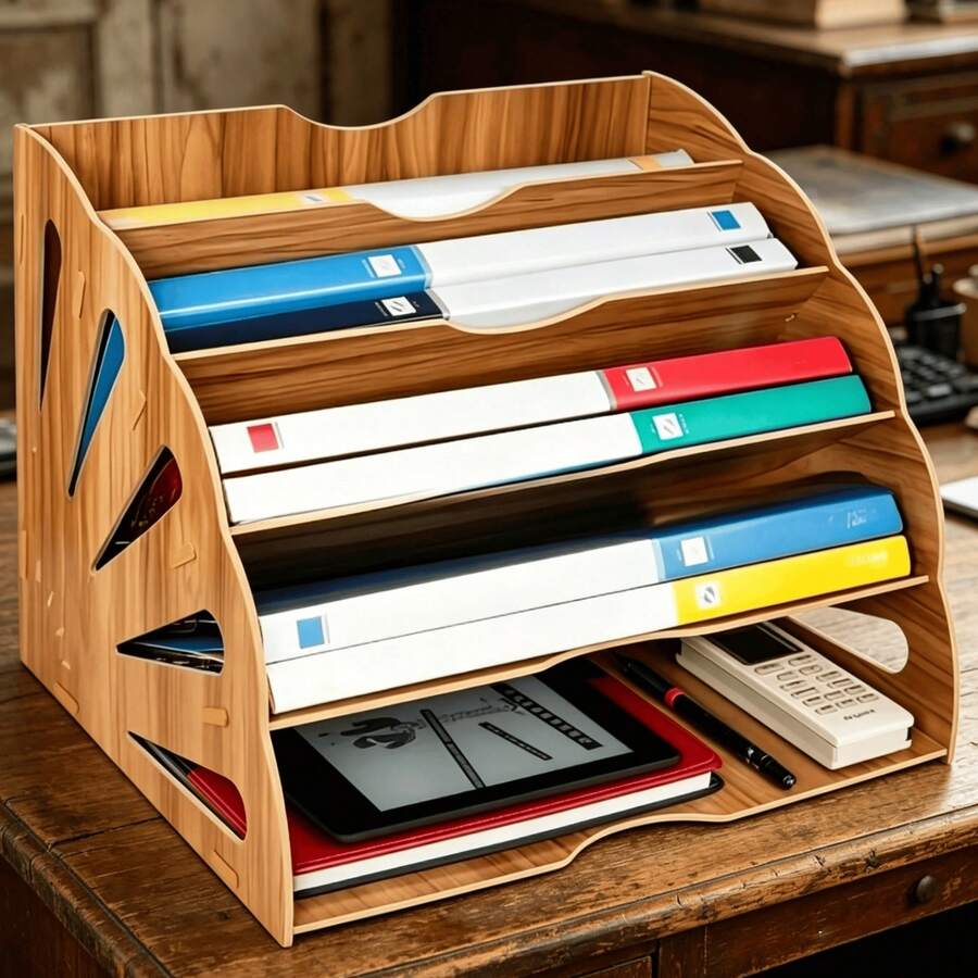 Giá đựng hồ sơ nhiều tầng hình quạt rỗng bằng gỗ, giá để hồ sơ nghiêng để bàn, kệ lưu trữ tài liệu văn phòng và gia đình - Chứa sách, sổ tay, bút, v.v. - Nhiều màu - Xem 1