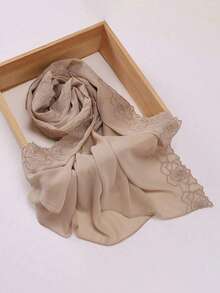 1 Stück eleganter Damenkopftuch mit 3D Rosen Stickerei aus Musselin, weicher Chiffon Stoff mit Spitzenbesatz, geeignet für Abaya und täglichen Gebrauch - Verschiedenfarbig - Übersicht 6