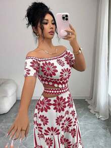 de moda con estampado floral, hombros descubiertos, manga corta y cintura hueca - Rojo y blanco - Ver 7