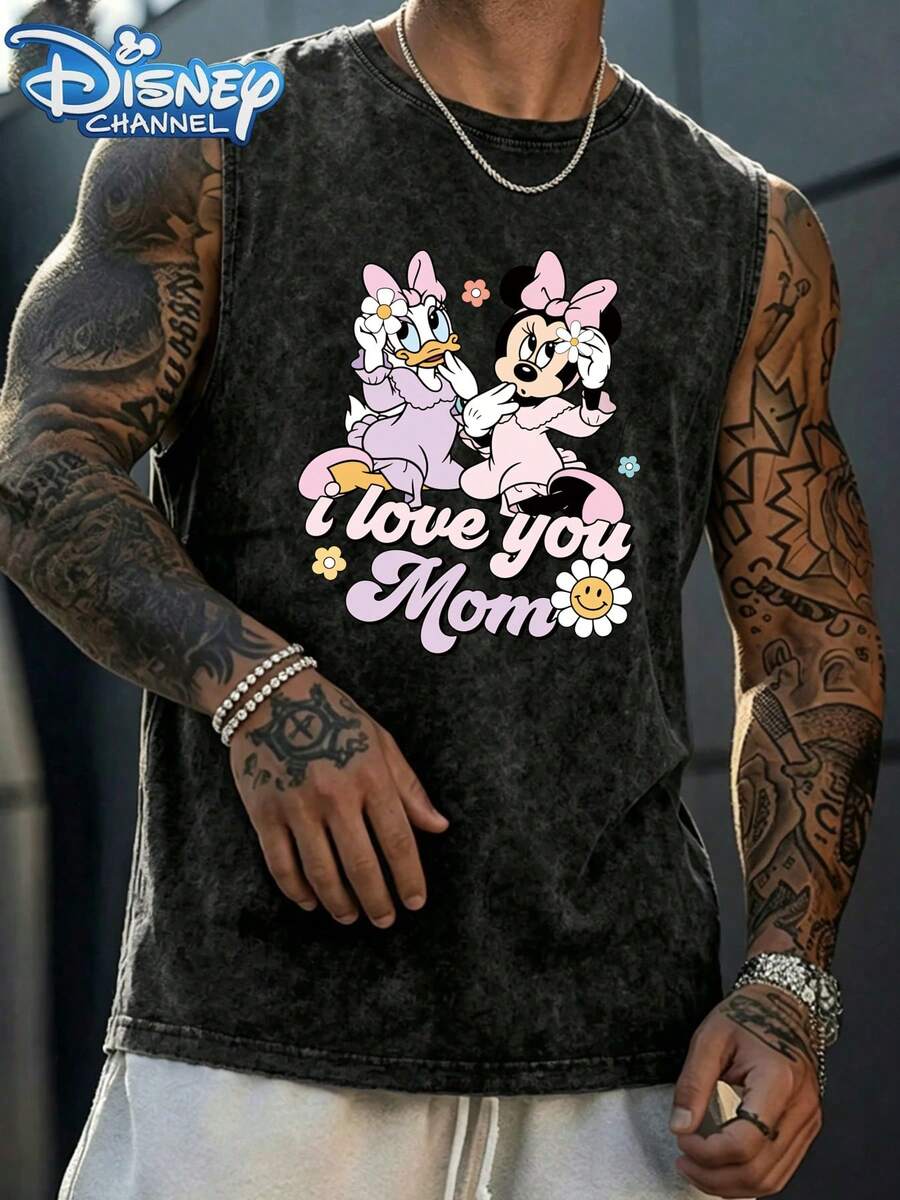 Disney Men's Sleeveless Short SleeveCasual Style Men's T-Shirt Disney Characters Minnie And Daisy I Love You Mom Design Summer Wear Gift For Mother - Schwarz - Übersicht 1
