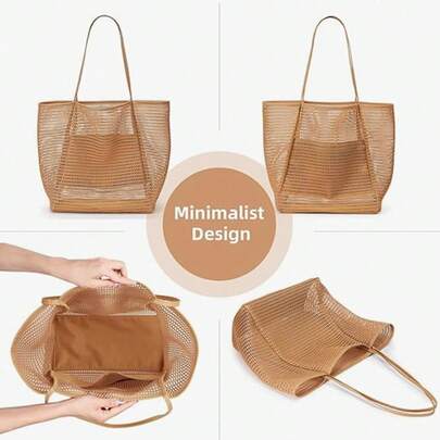 1pc New Nylon Mesh Foldable Double-Layer Beach Bag, Large Capacity, Women Outdoor Beach Accessory, Travel Essential