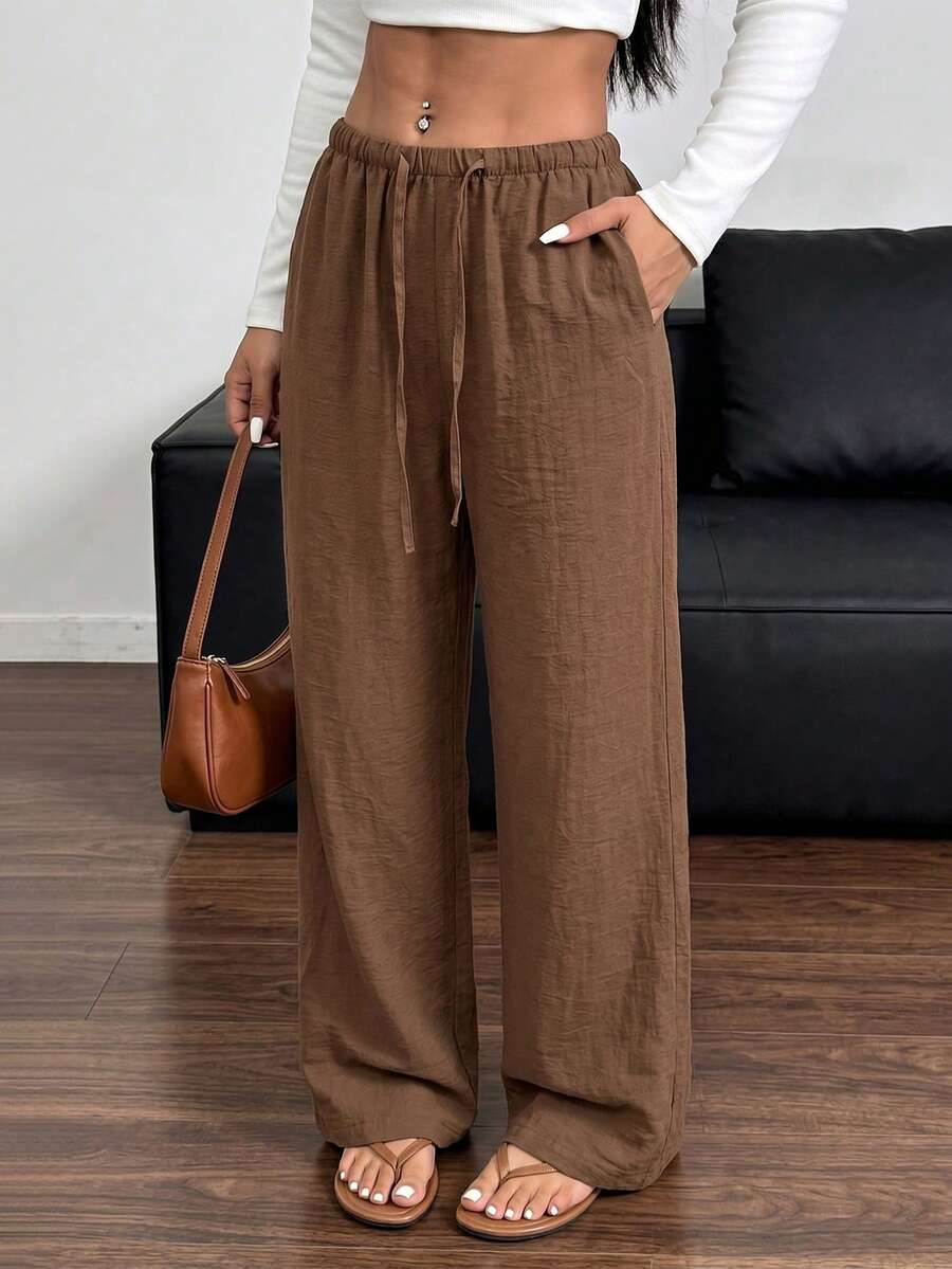 Women's Lightweight Breathable Casual Pants, Elastic Waist Drawstring Loose Flowy Bohemian Wide Leg Trousers, Summer - Coffee Brown - View 1