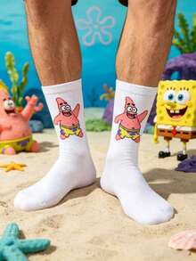SpongeBob SquarePants 1双男士白色卡通海星印花中筒袜，趣味休闲日常穿着袜子 - 彩色 - 查看 7