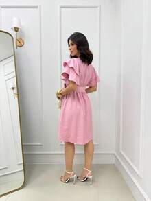 Short Midi Dress With Puff Sleeves, Ruffles, Layers, Party Skirt, Elegant, Evangelical Style. - 淺粉色 - 查看 2